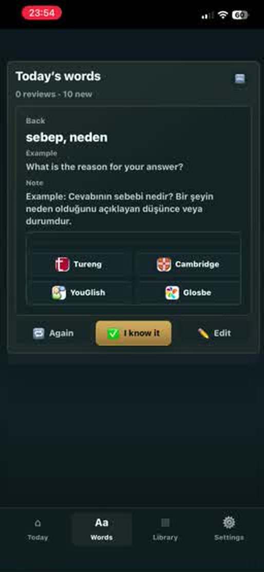 LexiTrek kelime çalışma ekranı